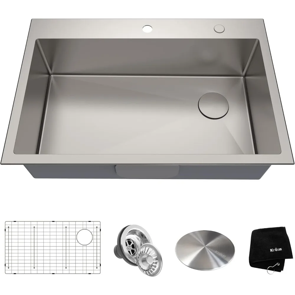 

33 x 22 inch Drop-In Top Mount Standart PRO Single Bowl 2-Hole Stainless Steel Kitchen Sink Set (5 Item Bundle: Sink Bowl 2