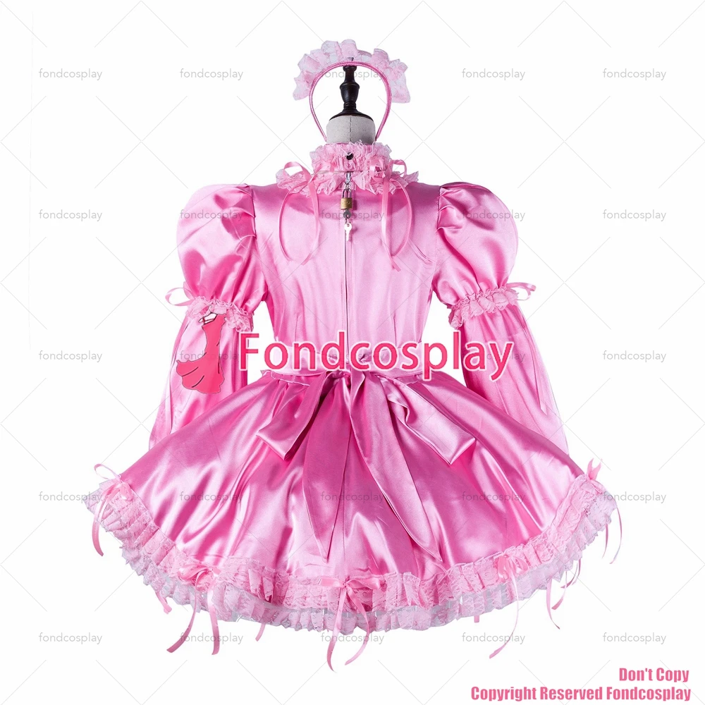 Fondcosplay adulto sexy vestido cruzado sissy maid vestido corto de satén rosa uniforme con cerradura delantal disfraz CD/TV [G2215]