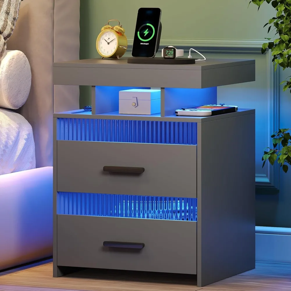 Intelligenter Nachttisch im 2er-Set mit Lichtern: LED-Nachttisch, Nachttisch mit Ladestation, LED-Nachttisch