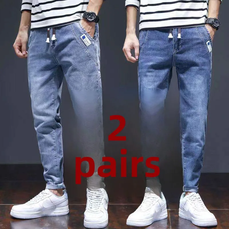 

Spring Summer Men's Casual Loose Fit Jeans Thin Elastic Waist Straight Leg Cotton Denim Wear Resistant Daily Comfortable
