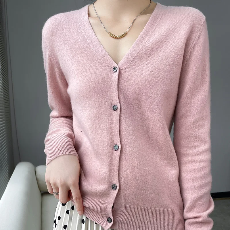 Autumn Winter Women 100% Fine Wool Sweater New V-neck Solid Color Knitted Cardigan Casual Jacket Bottoming Slim Soft Tops