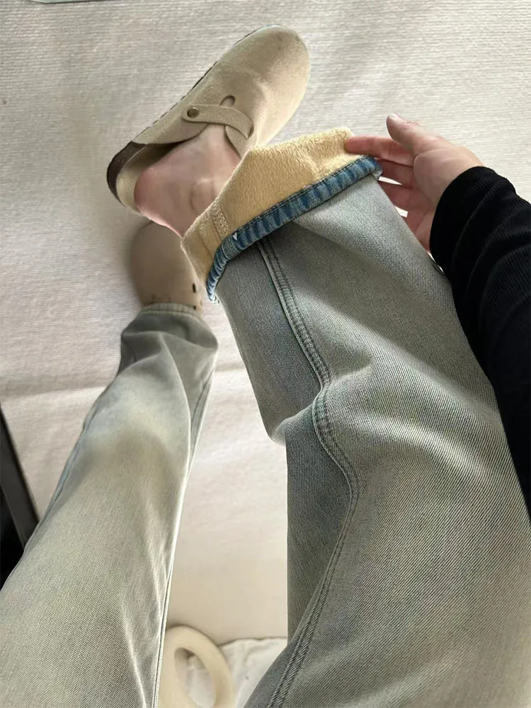 

Джинсы с высокой талией и расклешенными штанинами для женщин, осенне-зимние, на флисовой подкладке, прямые, утягивающие, буткат, для фигуры типа «груша»