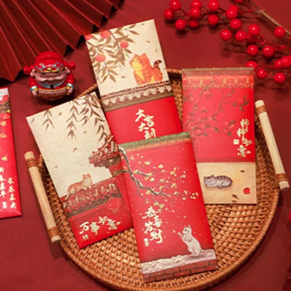 

Cat Pattern Forbidden City Red Envelope Blessings Printing Rectangular Lucky Money Bag Thickened Paper Red Packet Wedding