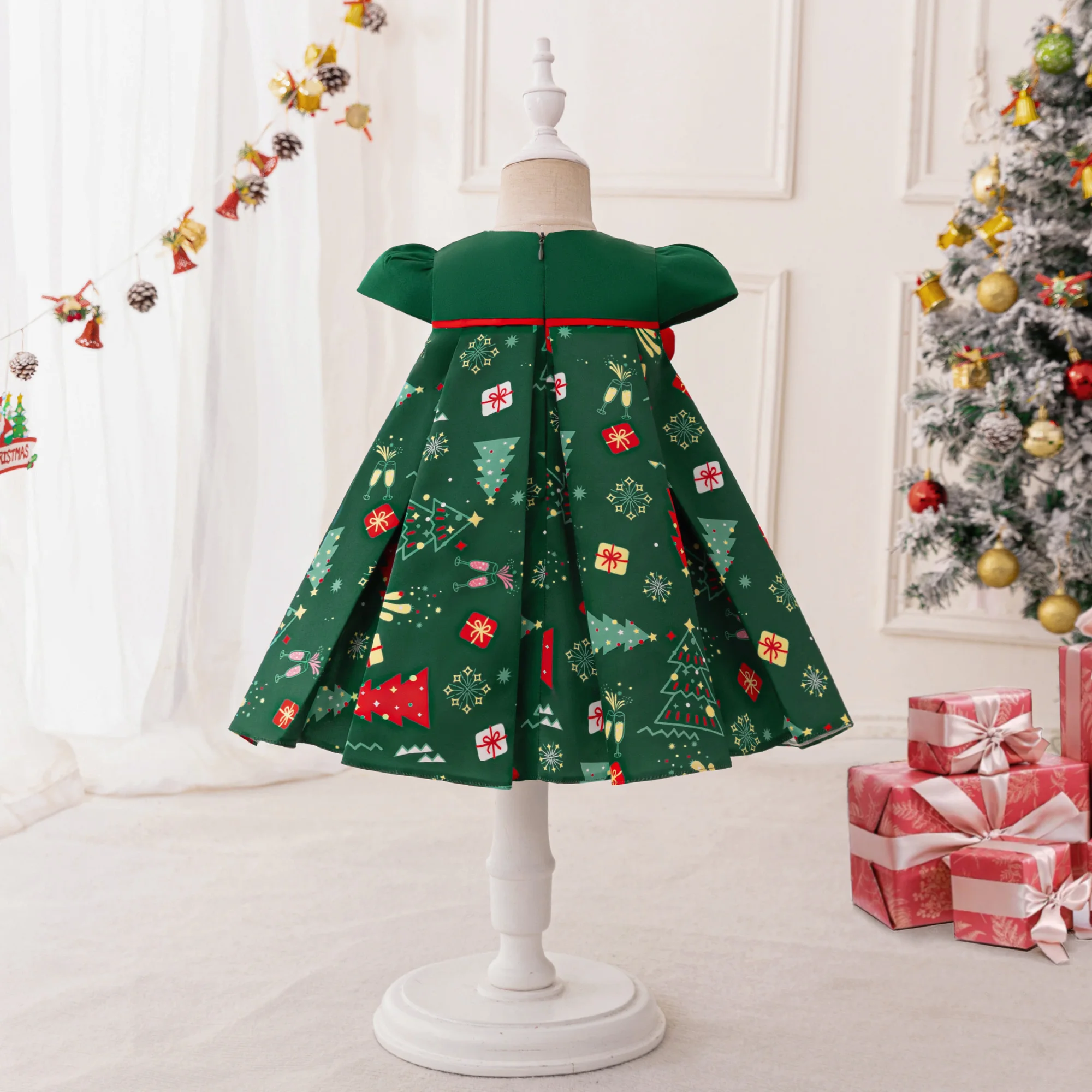 Big Red Bow Christmas Party Girls Dress Carnival Halloween Costume Xmas Tree Candy Birthday Wedding Princess Dress Kids Clothing