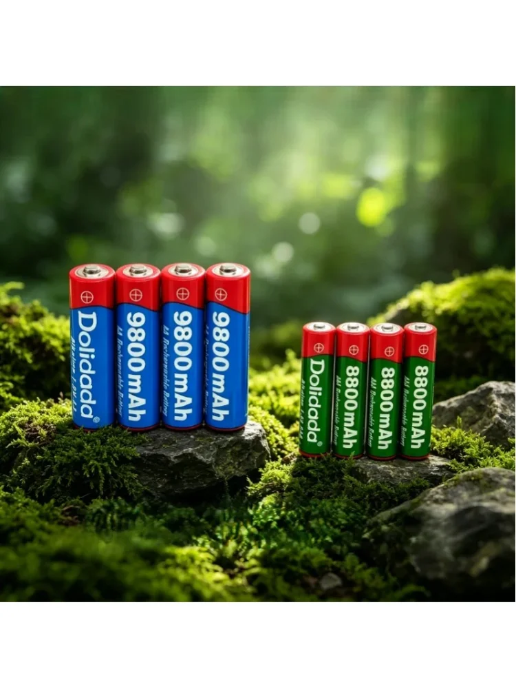Zestaw akumulatorów Dolidada 1,5 V, które można ładować, wraz z inteligentną ładowarką, dostępne w zestawach od 4 do 20 sztuk. Opcje: baterie AA 9800 mAh i AAA 8800 mAh, do zastosowań w zabawkach — 2