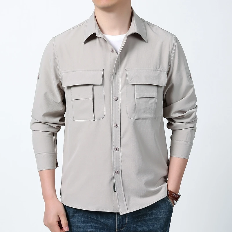 

Men's Casual Long Sve Work irt Qui Dry Pure Color Outdoor Loose Fit irt with ket Breathable Lightweight Spring Au...