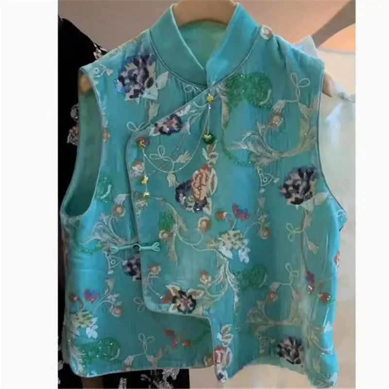 

2025 New Spring Blue Stand Collar Women Vest Chinese Style Sequined Jacquard Sleeveless Autumn Female Coat Vest