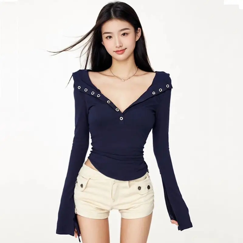 

Women's Single Breasted Lapel Design Long-Sleeve T-Shirt Summer Clothes Female Fake Slimming Solid Color Pullover Top