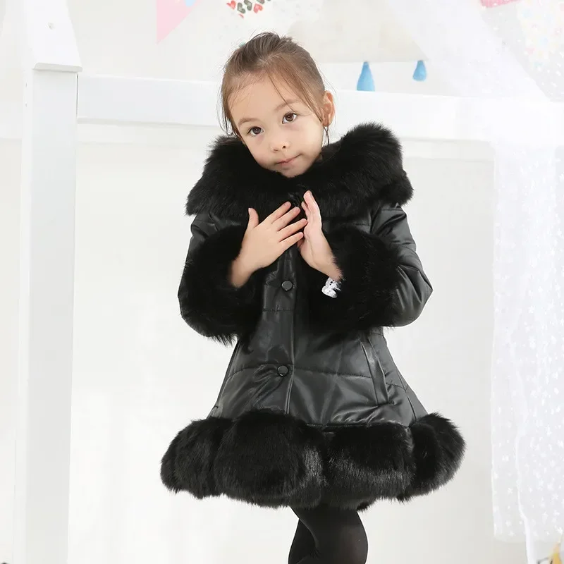 2024 Winter Kids Girls PU Leather Patchwork Faux Fox Fur Collar Down Jacket Coat Children Thick Warm Hooded Parkas Outerwear W31