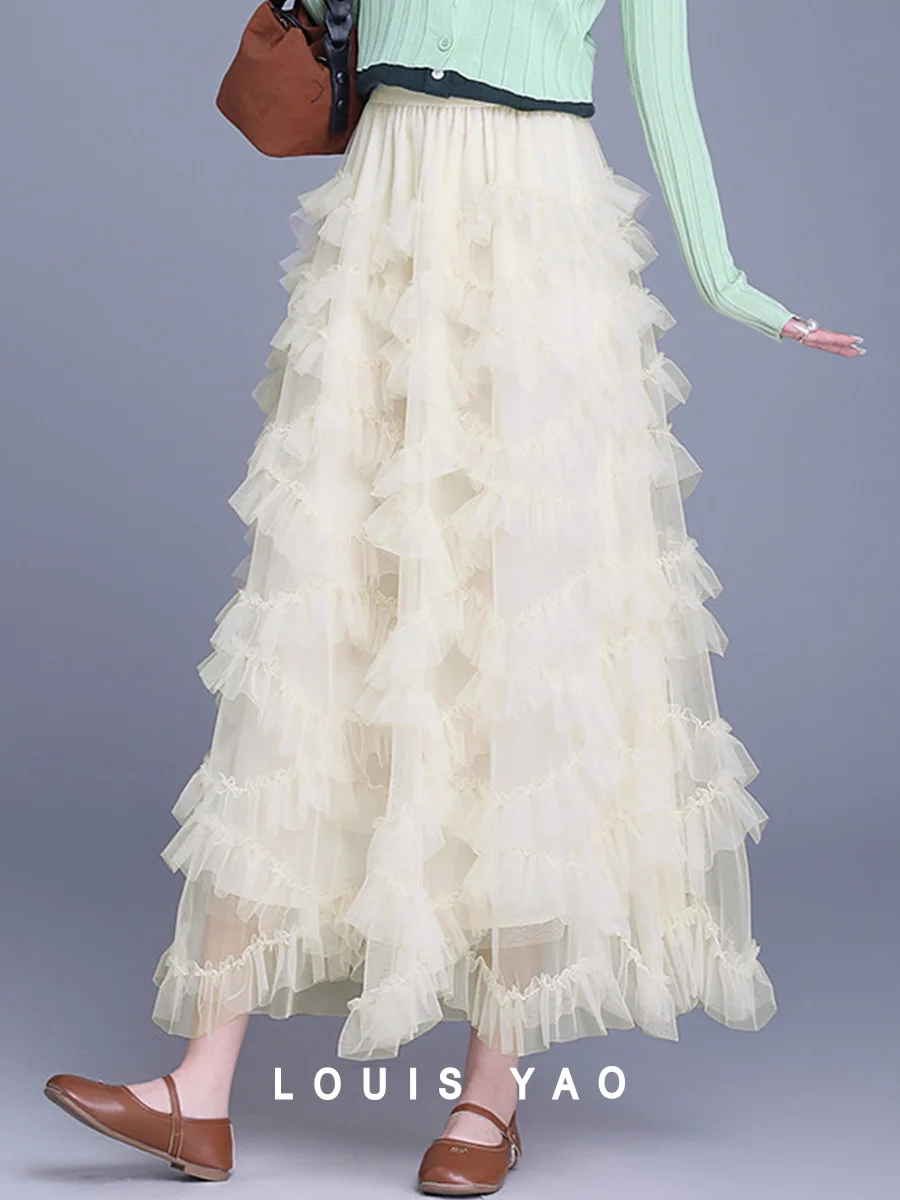 LOUIS YAO 2025 Spring High Waist Sweet Mesh Skirt Fashionable Romantic Long Elastic Waist Lightweight Women's Half Body Skirt