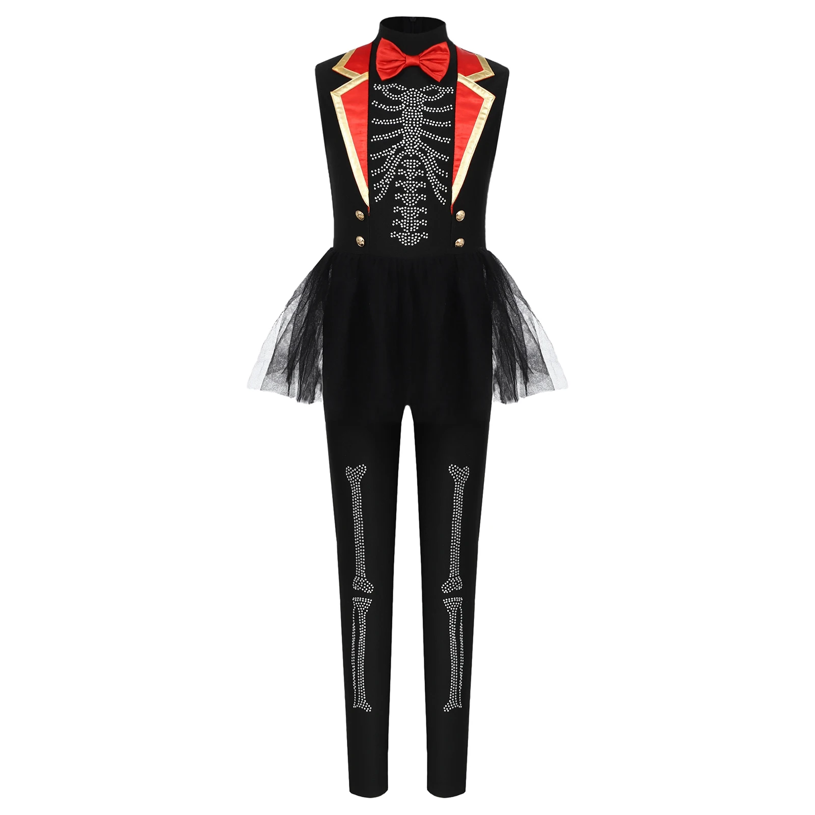 

Girls Rhinestones Circus Jumpsuit Sleeveless Bow Tie Waist Puffy Mesh Overlay Rompers for Halloween Themed Party Cosplay Costume