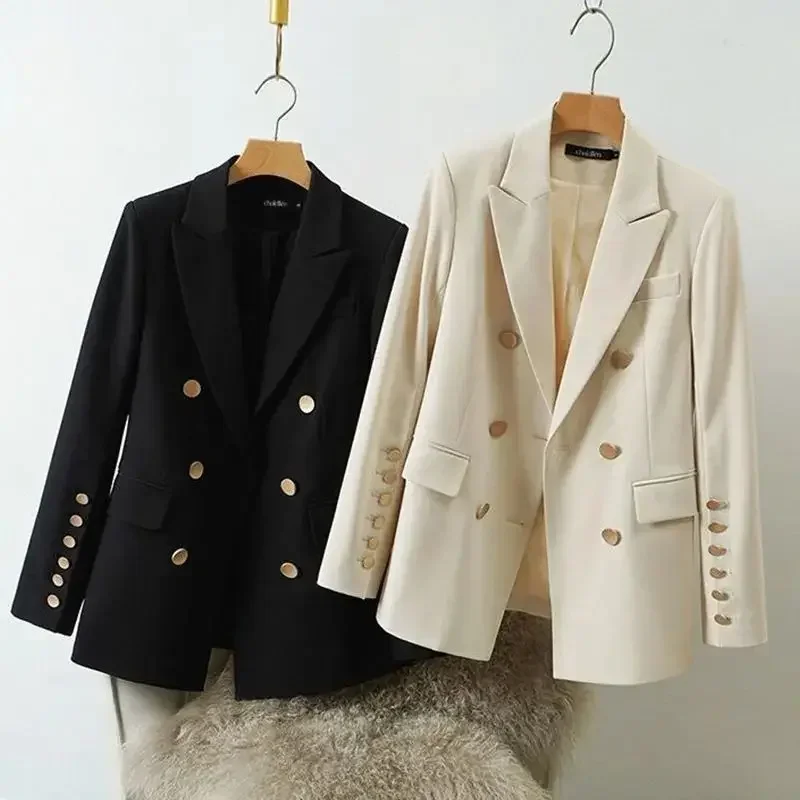 Giacca da donna Autunno Tinta unita Bianco Nero Blazer Doppio petto Abito da ufficio per donna Cappotto oversize ampio Blazer femminile