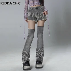 REDDACHiC Cyberpunk Y2k Denim Shorts Leg Warmers Women 2-piece Set Retro Gray Raw Hem Flare Jeans Thigh Long Socks Acubi Fashion