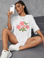 Pink Beautiful Flowers Forever Printed T-Shirts Women Summer Cotton T Shirt Loose O-Neck Soft Comfortable Tops Casual Clothes