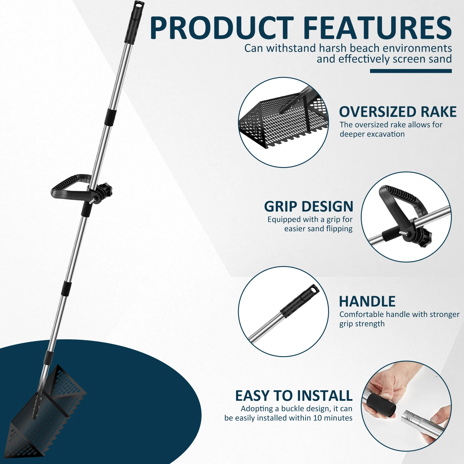 الرمال البراغيث أشعل النار الفولاذ المقاوم للصدأ الرمال المغربل انفصال 52/68 بوصة مقبض طويل للطي القرش الأسنان المغربل ل كراب رمل الشاطئ #3
