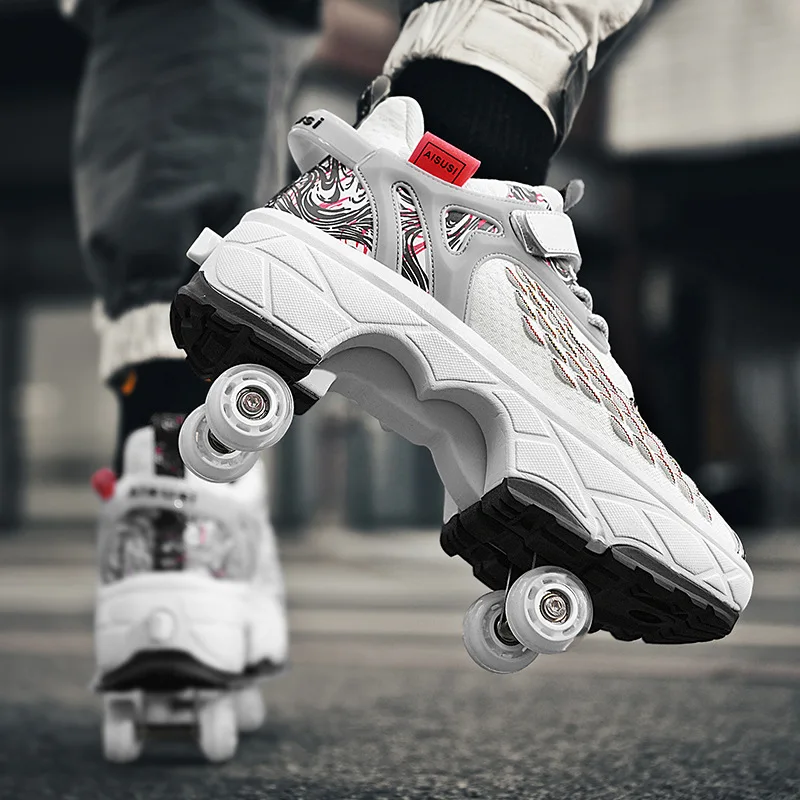 Air Breathable Kids & Adults Sneakers Four Wheels Retractable Flying Shoes Girls & Boys Child Deformed Roller Skates Size 33-43