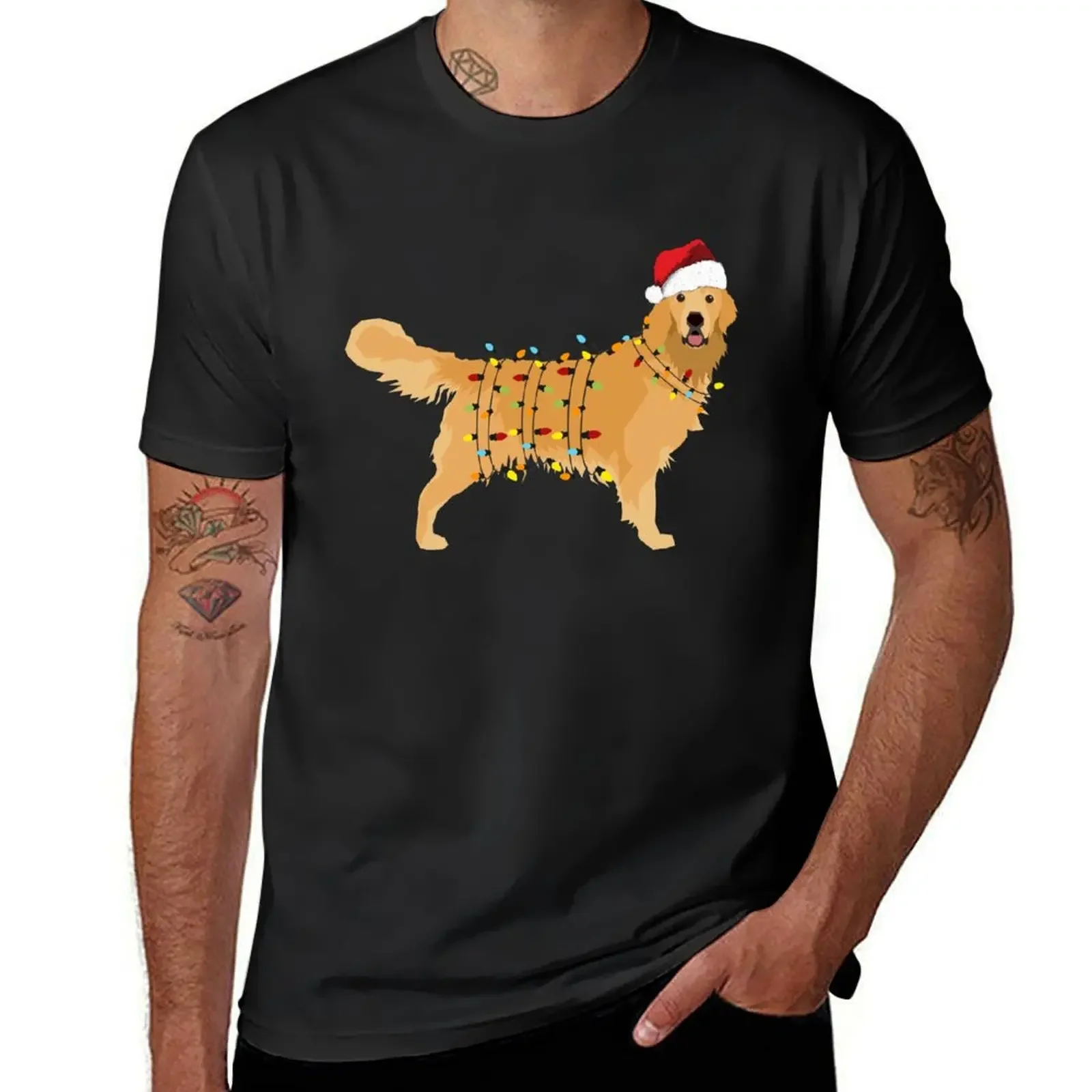 

Golden Retriever Holiday Christmas Light T-Shirt shirts graphic tee blue archive t shirts for men cotton