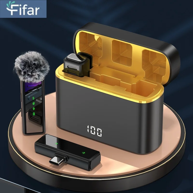 FIFAR Wireless Lavalier Lapel Microphone Portable Noise Reduction Audio Recording For iPhone Android PC With Charging Box