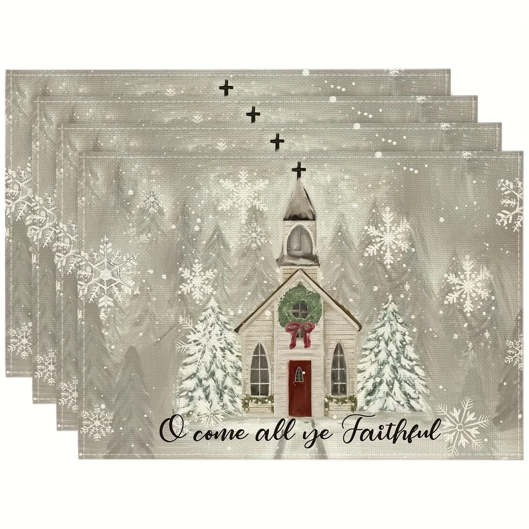 4-Pack Christmas Placemats - Linen Rectangular Table Mats with Church, Trees, Snowflakes Design - Machine Washable, Woven, Ideal