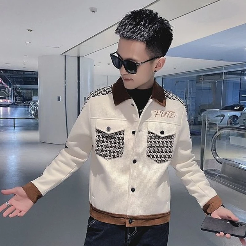 

Мужская шерстяная куртка-карго в корейском стиле с лацканами 925, осенне-зимняя тяжелая верхняя одежда с цветными блоками «гусиные лапки»