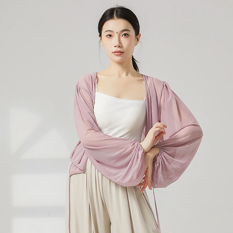 Frauen Klassischen Tanz Top Laterne Hülse Taille Krawatte Hemd V-ausschnitt Mesh Bluse Yoga Durchsichtig Chinesischen Folk Dancewear Training Top