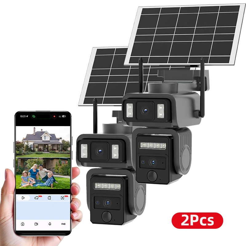 2PCS Solar WiFi Camera Dual Lenses Outdoor 8MP 4K Low Power Battery IP Camera PIR Night Vision AI auto tracking Security Protect