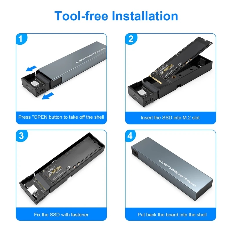 Carcasa SSD M2 Nvme a USB 3,1 Gen 2, adaptador SSD de protocolo Dual para NVME NGFF SATA M + B Key 2230/2242/2260/2280 SSD