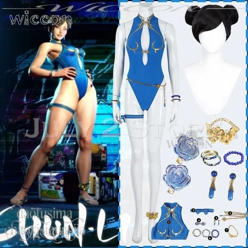 

Adults costume Final Anime Game Fight 6 Cosplay Chunli Costumes Sexy Blue Sukumizu High Slit Bikini Halloween carnival Clothing