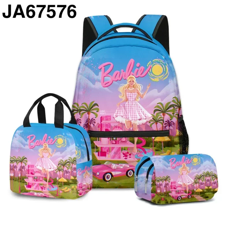 Anime Barbie Kids zaino Cartoon Girls Fashion borsa da scuola portatile di grande capacità Kawaii Lunch Bag astuccio 3 pezzi Set