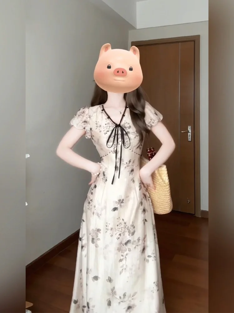 

Новое китайское платье с принтом «водяной знак», длинное, приталенное, А-силуэт, с коротким рукавом, V-образным вырезом, с завышенной талией, для полных женщин