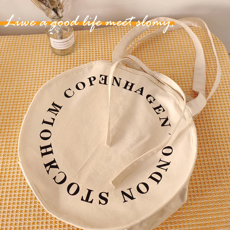 Bolsa de ombro circular para meninas, bolsa simples, corda macia, francesa, algodão vintage, moda casual