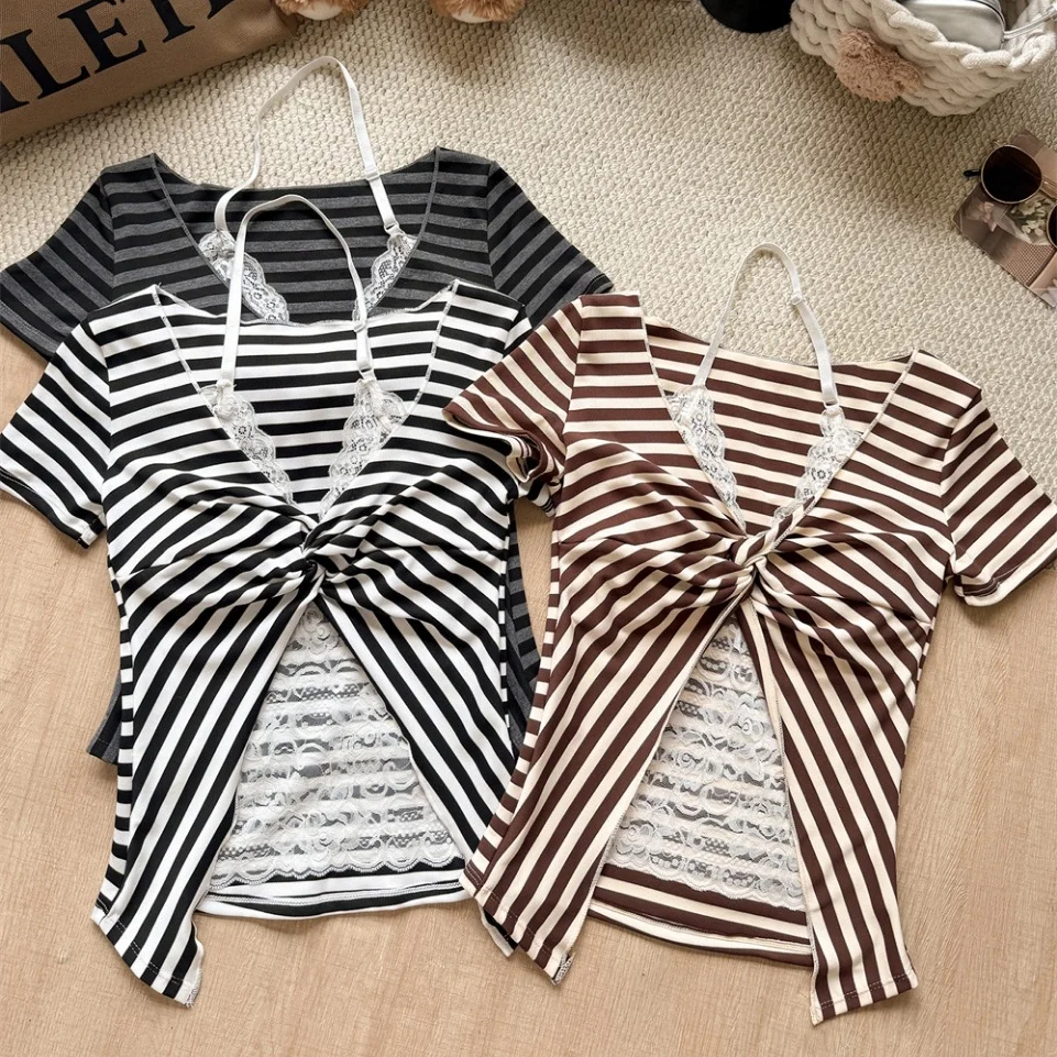 Summer New Style Sexy Girl Lace Splice V-Neck Hanging Neck Short Sleeve T-Shirt Women Slim Fit Fixed Belt Chest Pad Top
