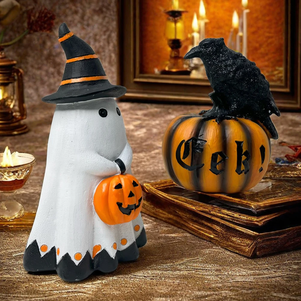 

Halloween Raven Pumpkin Ornament Resin Mini Ghost Pumpkin Figurine Horror Tabletop Decoration for Autumn Home Decoration