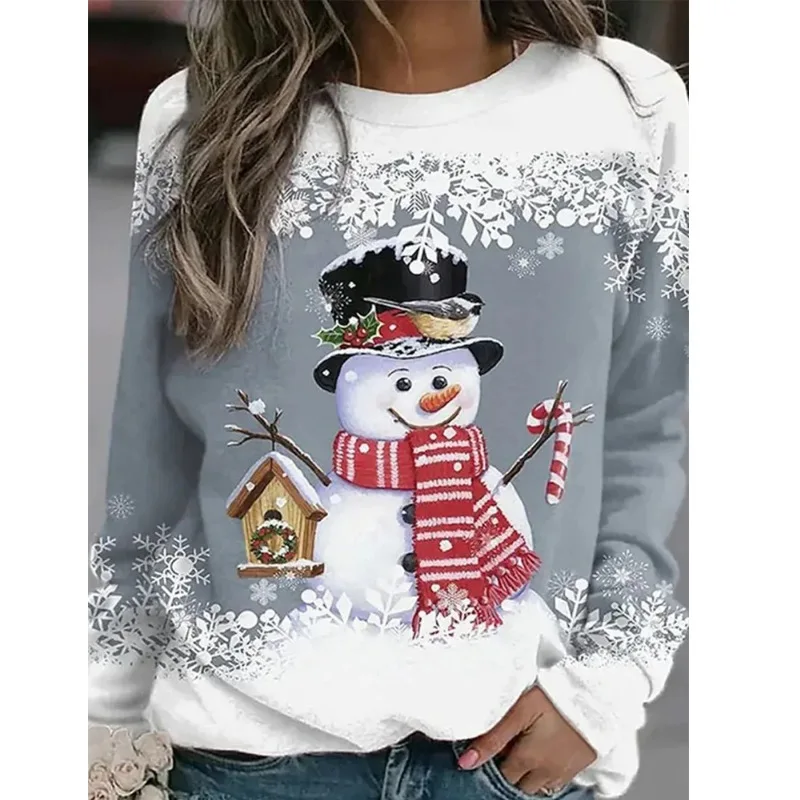 

305114European and American Christmas Hot-Selling Snowman Print Plus Size Winter Sweatshirt Pullover Long Sleeve Top for Women