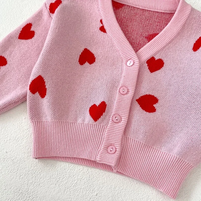 Cute Baby Girl Sweater 0-3Years Newborn Kids Long Sleeve Heart Pattern Knitted Cardigan Tops Outfits INS Spring Autumn Clothes