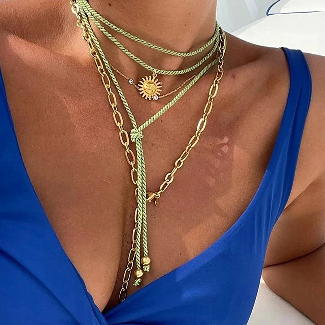 HangZhi Bohemian Sun Pendant Stacking Long Rope Chain Necklace Statement Vacation Y-shaped Neck Vintage Jewelry New for Women