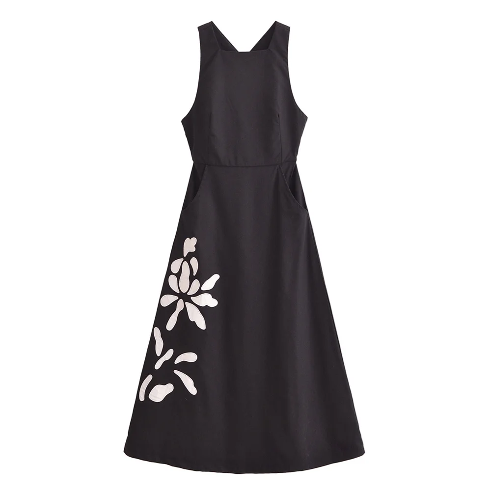 Taop&Za\'s 2024 Summer New Women\'s Fashion Slim Fit Straight Neck Sleeveless Flower Embroidered Dress