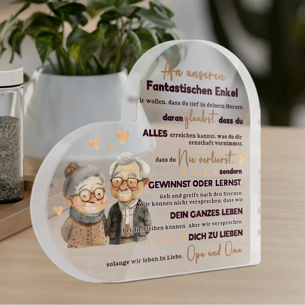 CIFBUY Acrylic German Quote Plaque 2D Flat Heart Shaped Grandson Keepsake Farmhouse Style Ornament Versatile Display Decor Gift