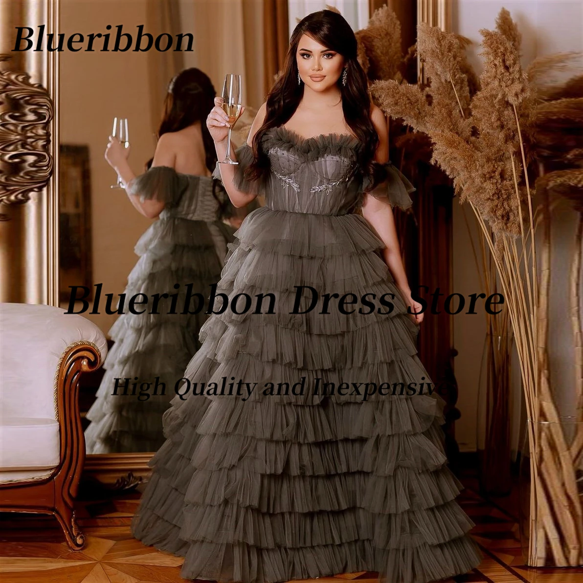 Blueribbon المتدرج تول فساتين لحضور الحفلات الموسيقية مخصصة قبالة الكتف حفلة تنكرية مأدبة ثوب للنساء الدانتيل حتى الظهر مساء اللباس #2