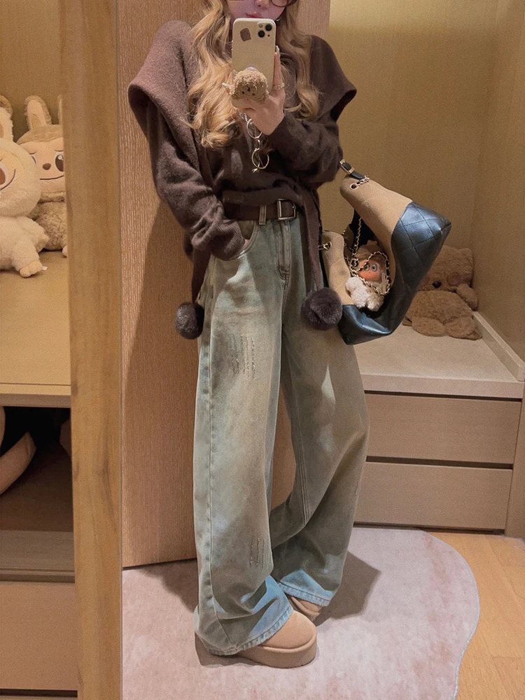 

Джинсы Yukiss в американском ретро-стиле с флисовой подкладкой, с высокой талией, прямые, широкие, женские, осенне-зимние, свободные, утягивающие брюки