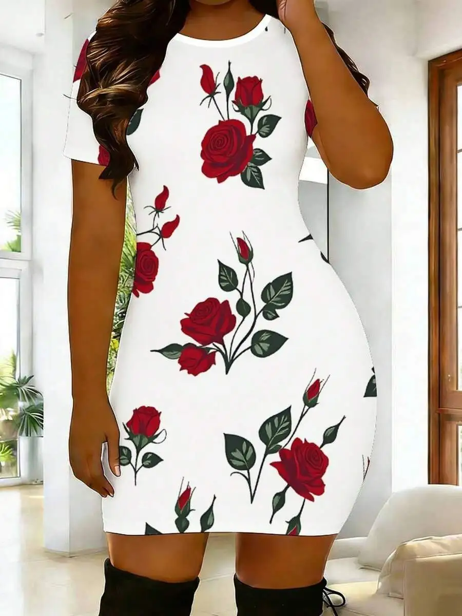 

Womens Red Rose Print Bodycon Mini Dress Short Sleeve Round Neck Casual Party Wear
