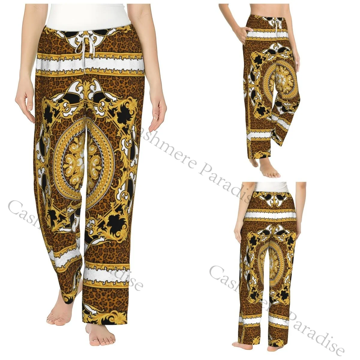 

Luxurious Gold Baroque Women Sleep Pants Warm Flannel Lounge Pants for Winter Nights