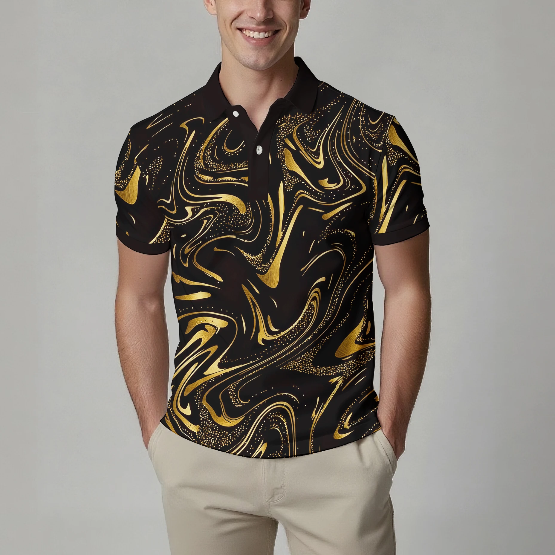 

New summer men's short-sleeved POLO shirt fashionable lapel button top striped design suitable for outdoor leisure wear