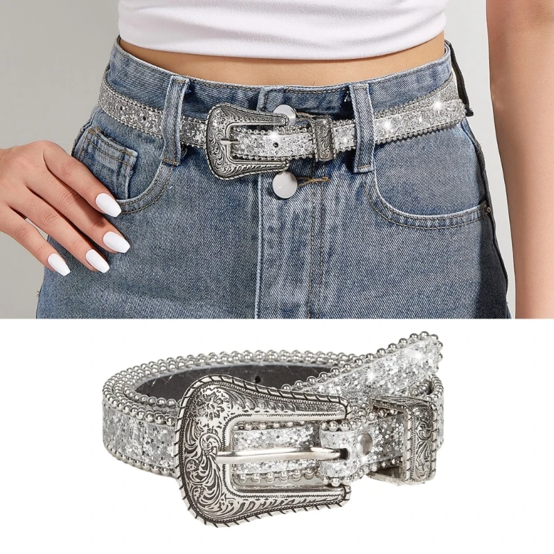 

Adjust Pin Buckle Waist Belt Adult Relief Pattern Full Sequin Adjustable Belt