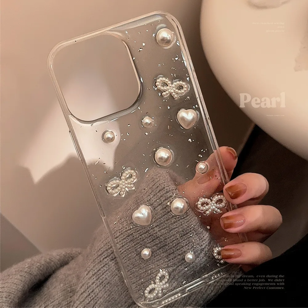 Luxus 3D Liebe Herz Perle Bowknot Tropfen Kleber Telefon Fall Für iPhone 17 Air 16 15 14 13 12 Pro max Klare Stoßfest Soft Cover