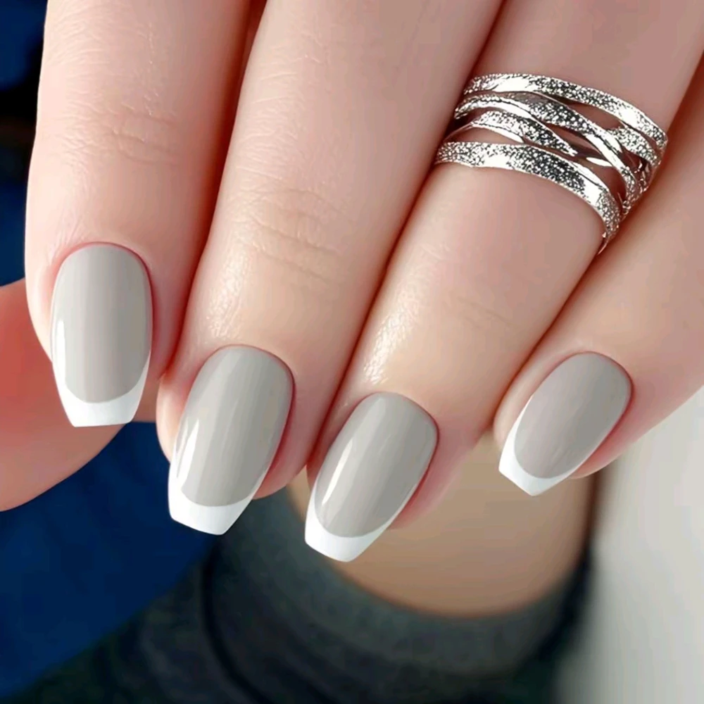 

Shiny Grey Press On Nails With Glue Wholesale French Tip Acrylic Fake Nails DIY Manicure Fingernails Accessories For Women