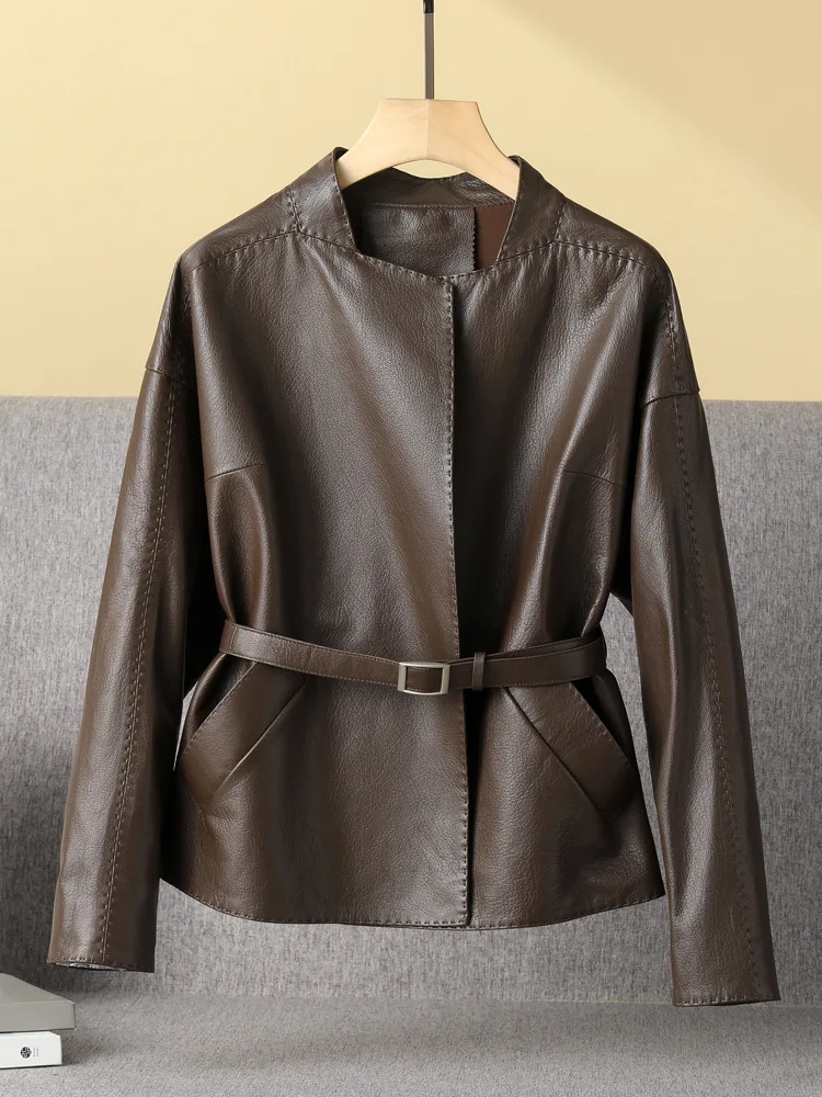 Blouson en cuir véritable femme, court, col rond, sans col