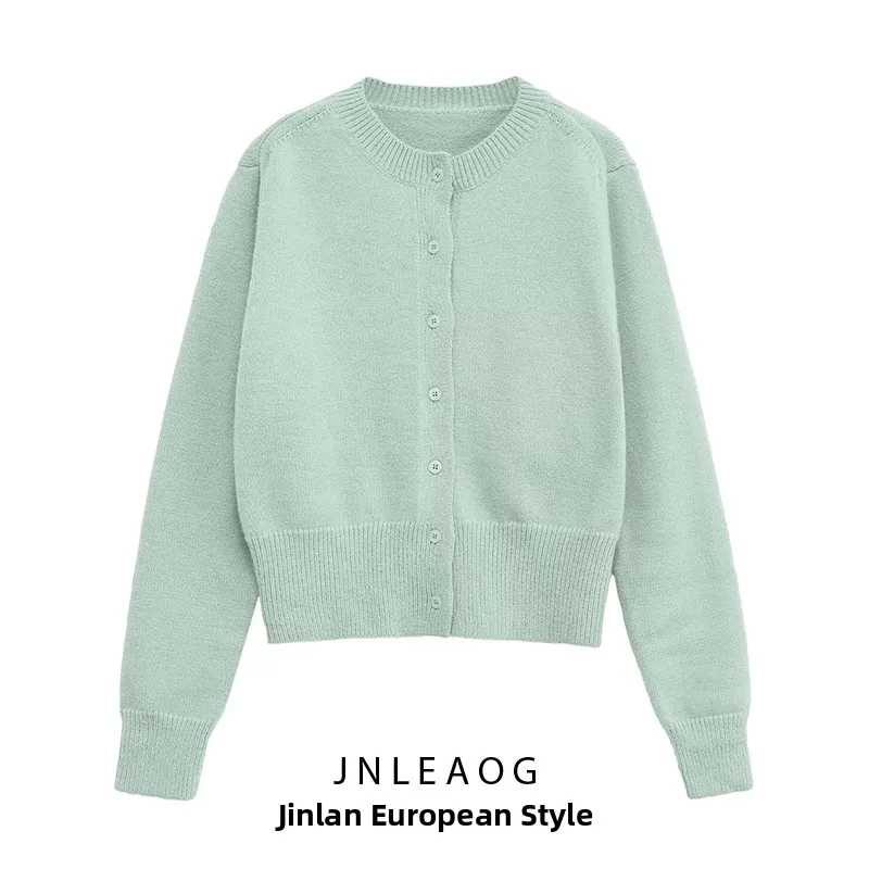 

Faionable round Ne Ribbed Knitted Jaet Women's Autumn New Sle Versatile Design Polyester Fiber Long Sve Cardigan