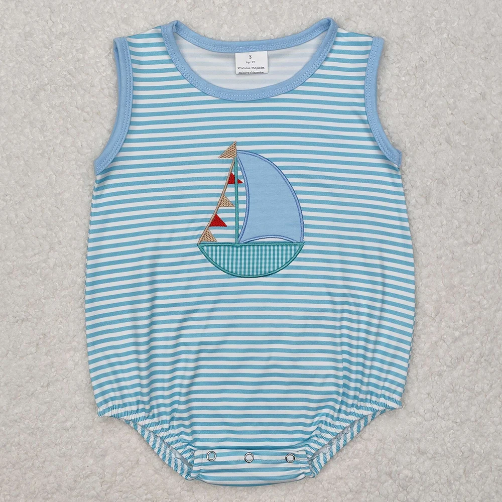 Hot Sale Baby Infant Boys Rompers Stripes Boat Embroidery Sleeveless Rompers Boutique Toddler Boys Bubbles Onesie Rompers Outfit