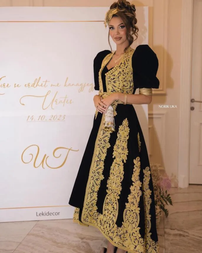 Czarne aksamitne arabskie kaftanowe suknie balowe dwuczęściowe dostosowane aplikacja Karakou algierski albański wieczorowy strój wizytowy